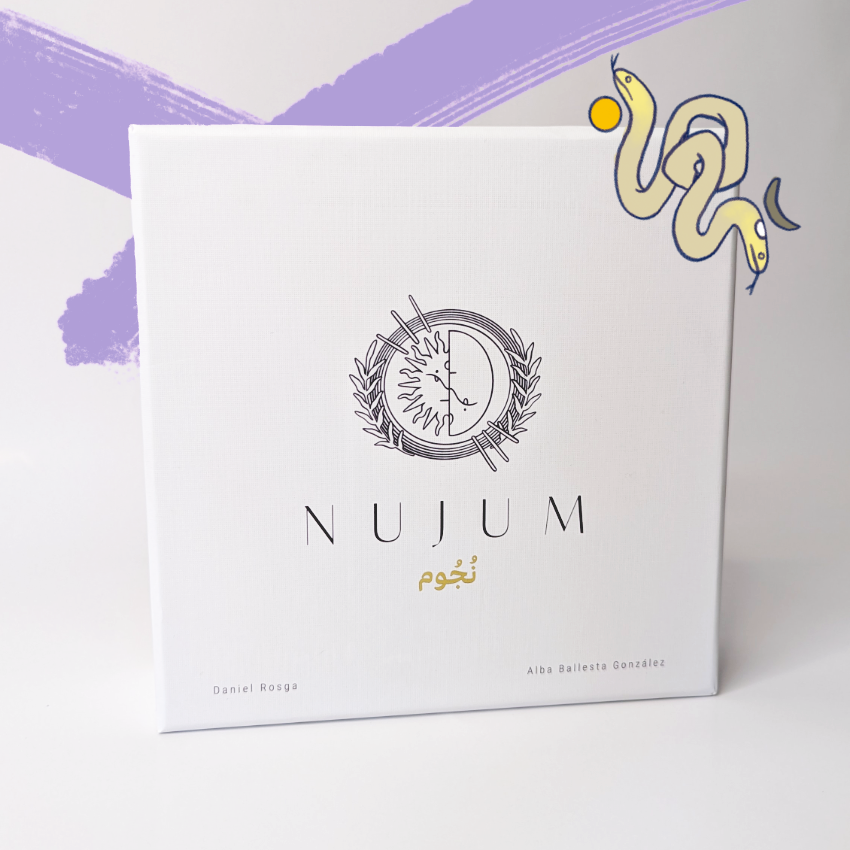 Front view of the NUJUM board game box featuring a minimalist celestial logo, Arabic script for 'stars', and the names of creators Daniel Rosga and Alba Ballesta González on a white background